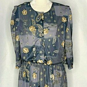 Vtg Midi Dress 14 Gray Floral Paisley 3/4 Sleeve